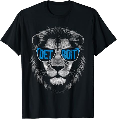 Black t-shirt with a lion wearing sunglasses with 'DET ROIT' text on a white background