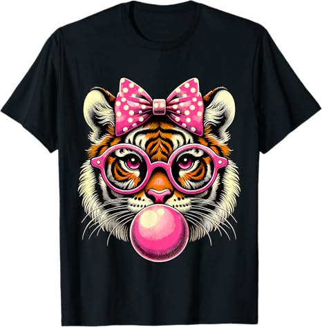 Black t-shirt with a tiger design wearing pink glasses and a bow, blowing a bubble.