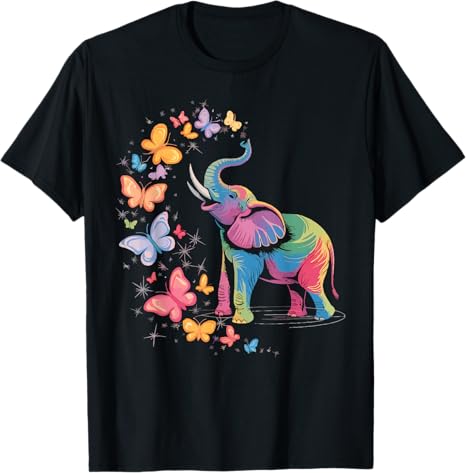 Black t-shirt with a colorful elephant and butterflies design on a white background