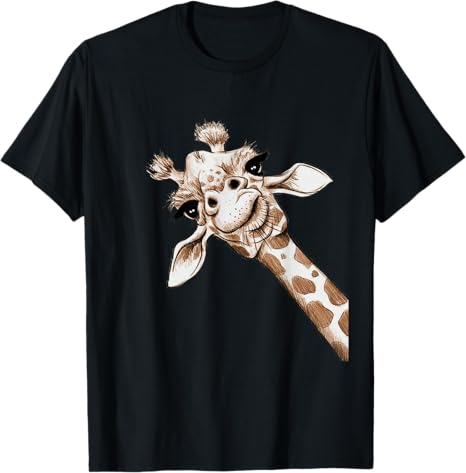 Black t-shirt with a giraffe graphic on a white background