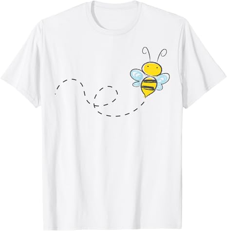 White t-shirt with a cartoon bee and heart design on a white background