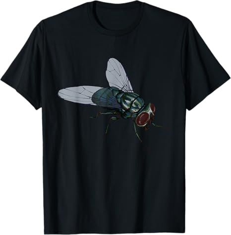 Black t-shirt with a fly graphic on a white background