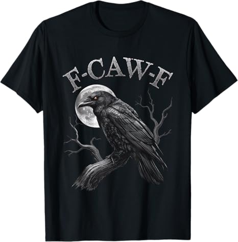 Black t-shirt with a crow and moon graphic and 'F-CAW-F' text on a white background
