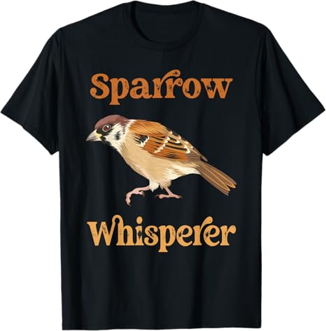 Black t-shirt with a sparrow illustration and 'Sparrow Whisperer' text on a white background