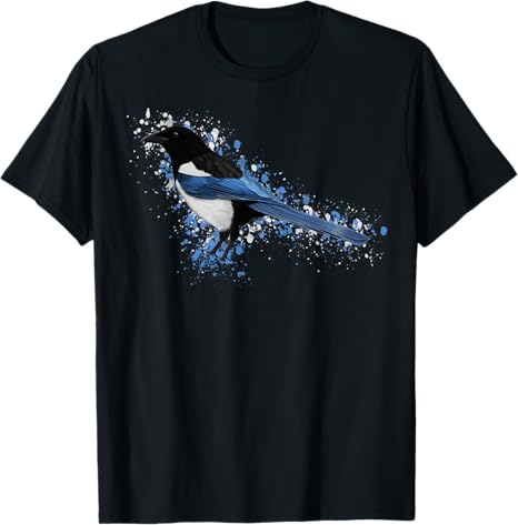 Black t-shirt with a magpie design on a white background