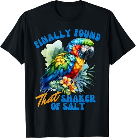 Black t-shirt with a colorful parrot graphic and text on a white background